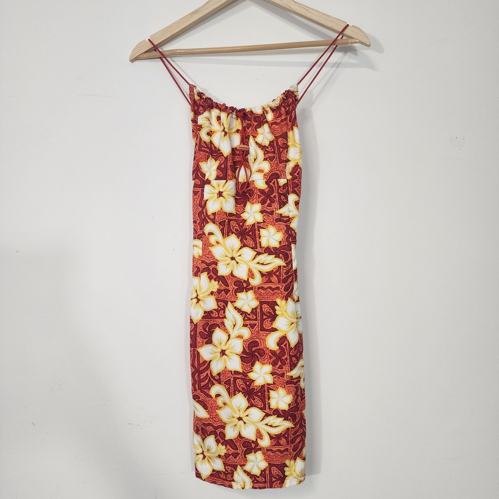 VTG Y2K Miken Hawaiian Floral Mini Dress Red Yellow Bungee Strap USA made Small - Picture 4 of 10